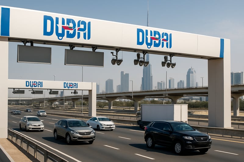 Dubai toll road infrastructure with vehicles passing through electronic gantries